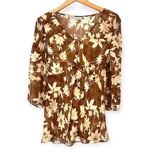 Tommy Bahama | Large | 100% Silk Sheer V-Neck Floral 3/4 Sleeve Top Blouse